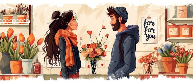 C'est la Saint-Valentin le 14 février Illustrations modernes d'un homme et d'une femme amoureux Un bouquet de fleurs Une boutique Un fond avec des objets et des citations pour vous