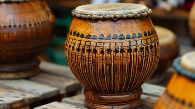 Photo c'est un tambour traditionnel africain. il est fait de bois et a une tête en peau de chèvre. le tambour est décoré de sculptures complexes.