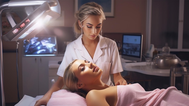 Esthéticienne avec une cliente au salon pour le visage