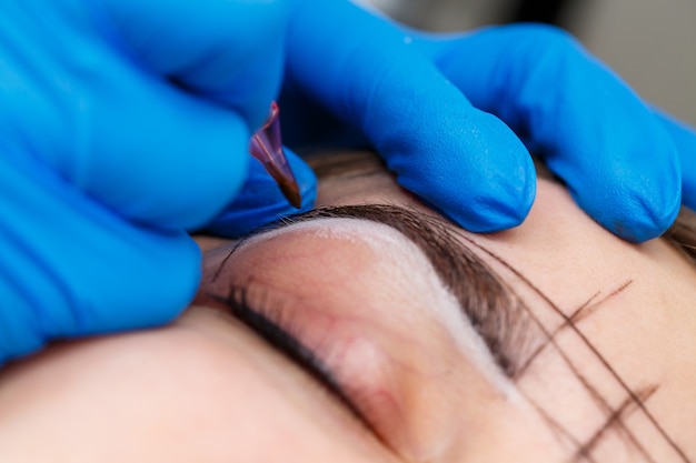 Esthéticienne tatouant les sourcils d'une femme à l'aide d'un équipement spécial pendant le maquillage permanent, gros plan.