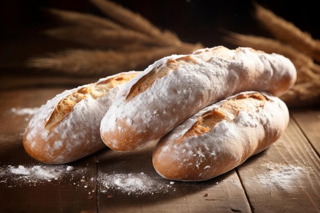 Photo l'esthétique captivante du pain en gros plan de trois baguettes sur une surface en bois rustique enveloppées dans un du