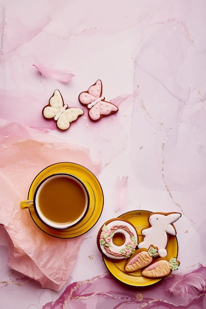 Esthétique festive vacances de Pâques mise à plat Biscuits pastel faits maison et tasse à café Fond de printemps