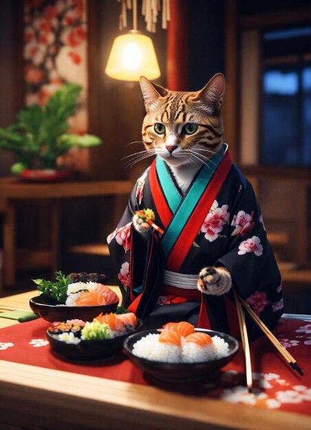 esthétique sombre un chat réaliste mangeant du sushi avec des baguettes portant un kimono coloré 8k irréel