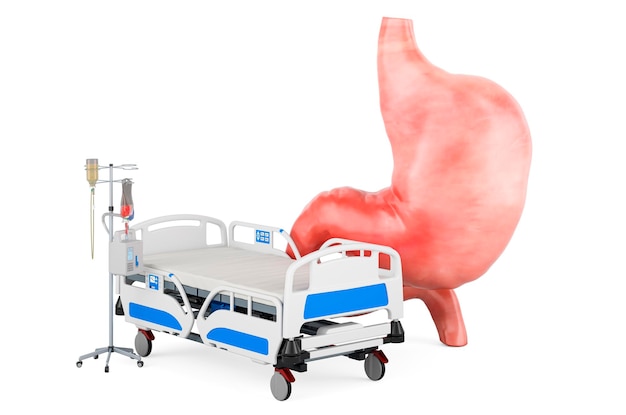 Estomac humain avec lit d'hôpital Traitement et médicaments pour le concept de maladie de l'estomac rendu 3D