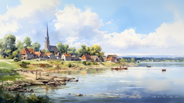 L'estuaire de la Pologne Illustration à l'aquarelle d'une charmante ville côtière