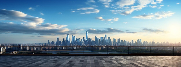 Photo un étage carré vide et un panorama moderne de l'horizon de la ville au coucher du soleil