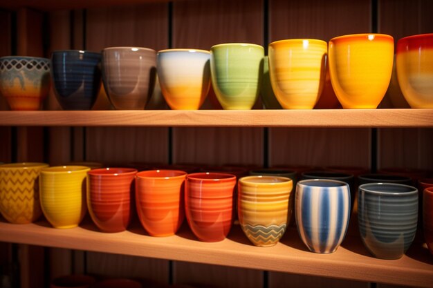 Photo une étagère affichant un éventail de poteries colorées dont l'une possède une bande jaune et rouge