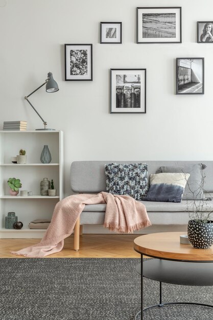 Une étagère avec des bijoux à côté d'un confortable canapé gris dans un salon chic