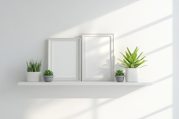 Une étagère blanche avec trois plantes en pot et un cadre photo
