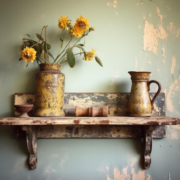 Une étagère en bois antique rustique américaine avec des vases et des fleurs de style pittoresque