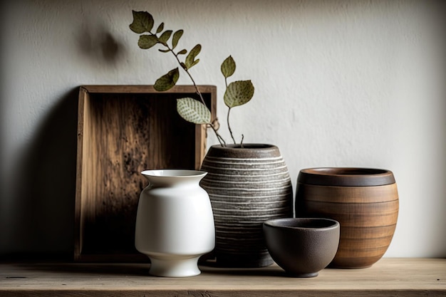 Sur l'étagère en bois brut se trouvaient des vases et des bols dans divers tons fades.