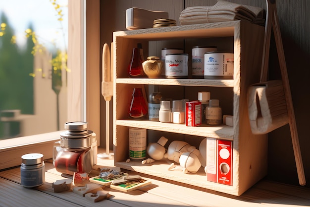 Une étagère en bois avec une étiquette rouge et blanche qui dit "cuisine" dessus