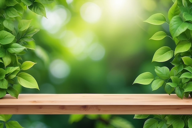 étagère en bois sur fond de feuilles vertes floues