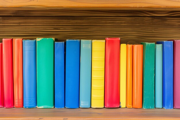 Photo Étagère en bois avec une rangée de livres pour enfants colorés