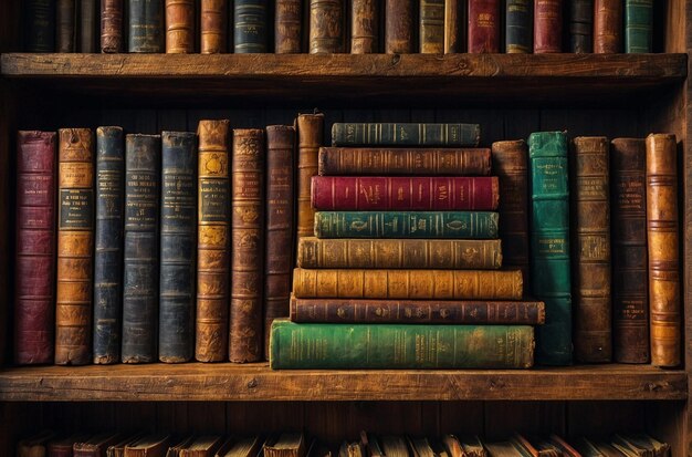 Une étagère en bois rustique remplie de livres antiques