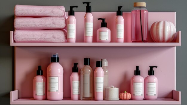 Une étagère avec des bouteilles roses de produits de bain comprend