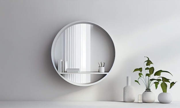 Une étagère cosy un miroir rond une lampe et des fleurs décoration intérieure de maison pour le salon IA générative