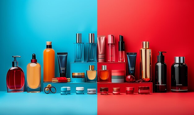 Photo une étagère avec différents produits, y compris des bouteilles de parfum et une rouge