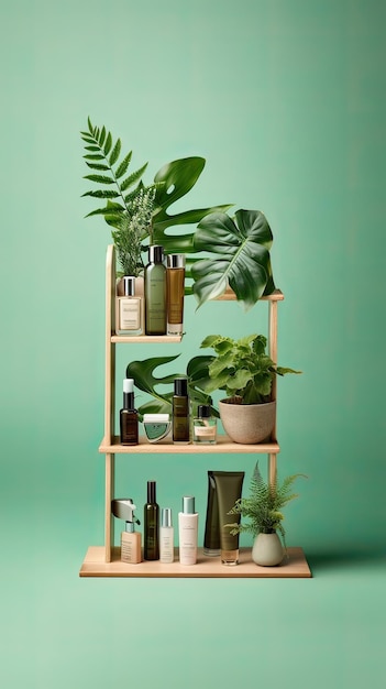 Une étagère avec divers produits dessus dont une plante.