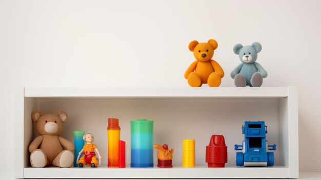 Une étagère avec des jouets et un ours en peluche