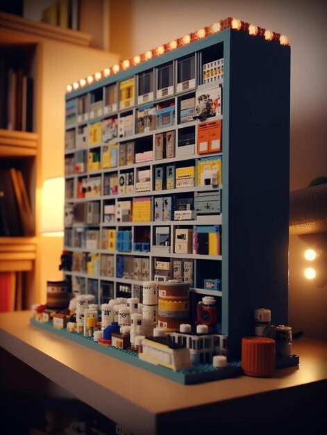 Une étagère en lego avec beaucoup de bâtiments dessus