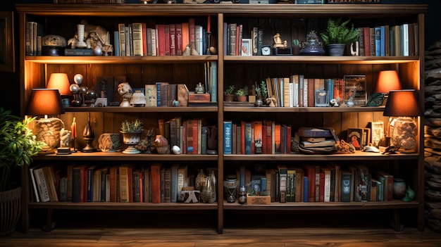 Une étagère avec des livres dans une salle de bibliothèque