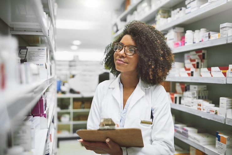 Photo étagère à médicaments et femme avec un bloc-notes dans la pharmacie pour le stockage et l'information pharmaceutique inspection des pilules et pharmacien avec liste de contrôle pour le produit de soins de santé et examen du stock médical
