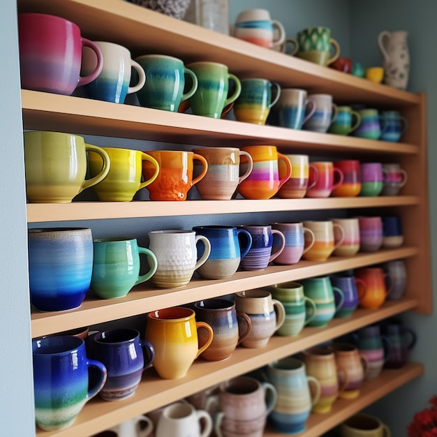 Une étagère pleine de tasses colorées avec le mot « café » dessus.