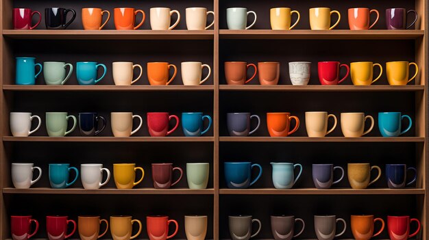 Une étagère remplie de café de différentes couleurs.