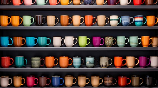 Une étagère remplie de café de différentes couleurs.