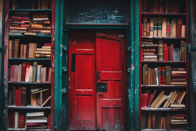 Photo une étagère remplie de livres se trouve à côté d'une porte rouge vibrante qui vous invite à explorer un monde de connaissance et d'imagination.