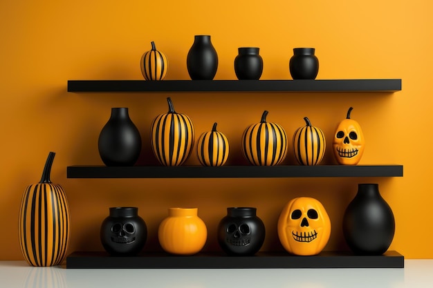 Photo une étagère remplie de vases noirs et orange image générative ai