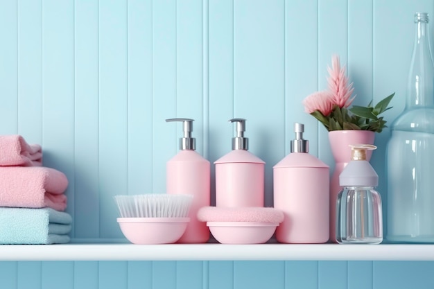 Une étagère de salle de bain pastel avec des produits de soin de la peau roses copie bannière d'espace rose et bleu pastel palette brillante barbiecore AI générative