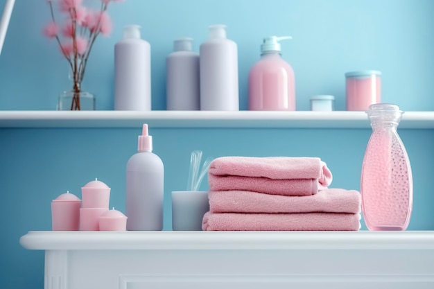 Une étagère de salle de bains pastel avec des produits de soins de la peau roses, espace de copie, bannière rose et bleu pastel, palette lumineuse barbiecore AI Generative