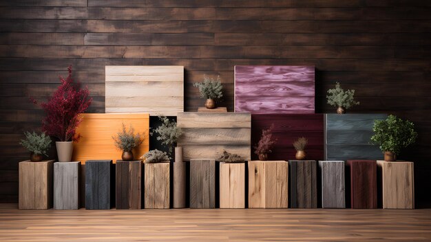 étagères en bois vides à l'intérieur avec un mur en bois coloré