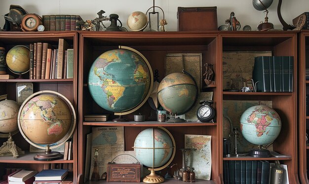 Photo des étagères de bureau vintage avec des globes antiques, des cartes et des livres