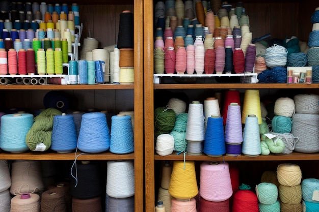 Photo Étagères couvertes de bobines de fil coloré en attente de crochet ou de tricot