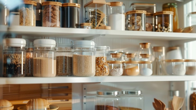 Photo les étagères de la garde-manger, bien organisées, présentent une variété d'aliments de base dans des récipients transparents synonymes d'ordre.