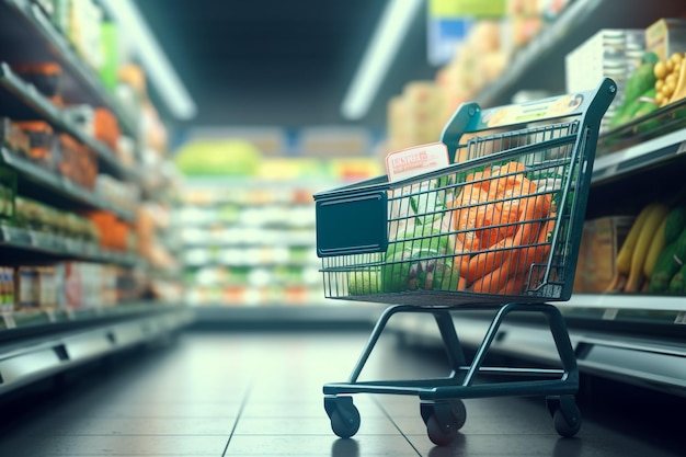 Les étagères des magasins se brouillent à mesure que le chariot passe.