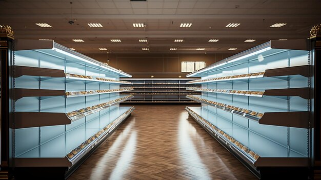 Étagères de supermarché blanches vides avec étiquette Promotion et prix du produit