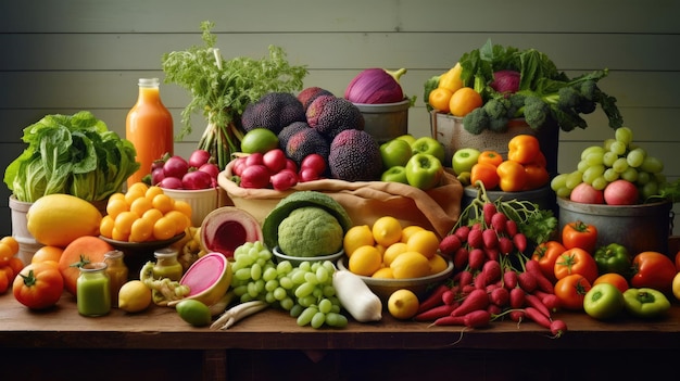 Un étalage abondant et coloré de fruits et légumes frais sur une table