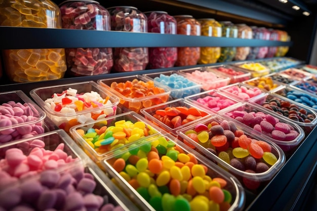 Un étalage de bonbons colorés dans un magasin