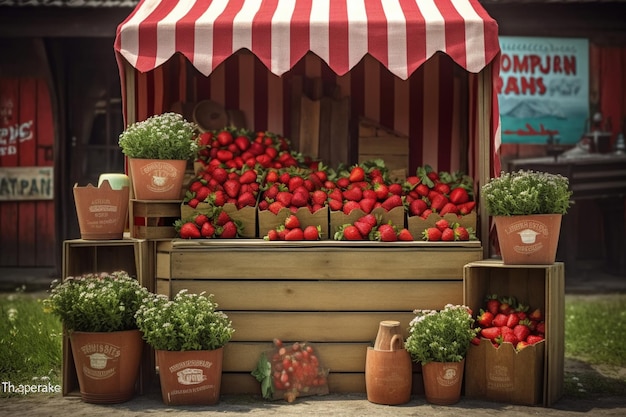 Un étalage de fraises et autres produits devant un magasin.