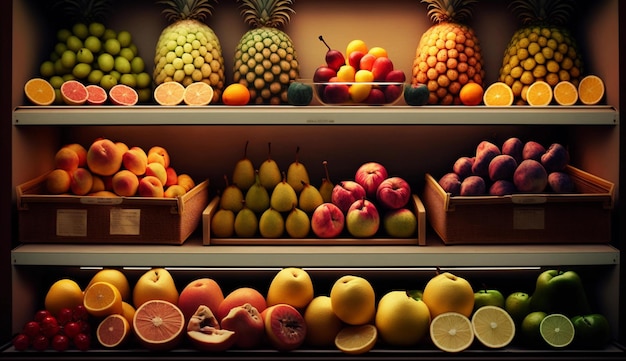 Un étalage de fruits dans un magasin avec une photo d'un étalage de fruits.