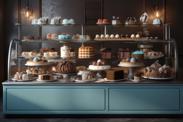 Un étalage de gâteaux et pâtisseries dans une boulangerie.