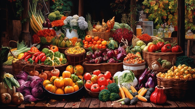 un étalage de légumes comprenant un panier comprenant un panier de légumes et des légumes
