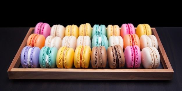 Un étalage de macarons est affiché sur une table.