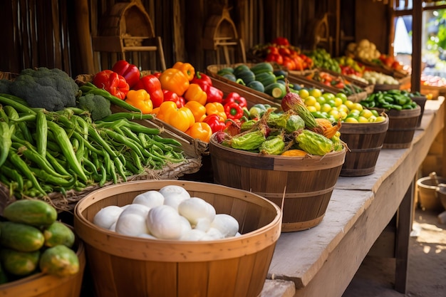 Les étals du marché alimentaire débordent de paniers de produits fraîchement récoltés.