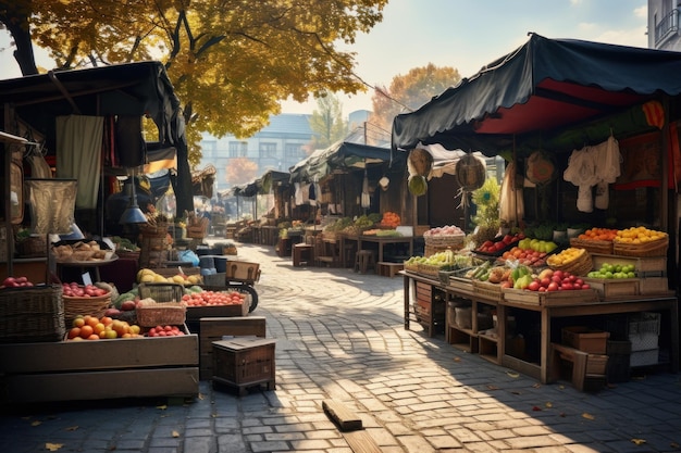 Des étals du marché de rue dans les rues de la ville vendant des produits