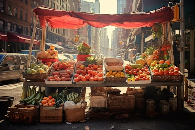 Des étals du marché de rue dans les rues de la ville vendant des produits